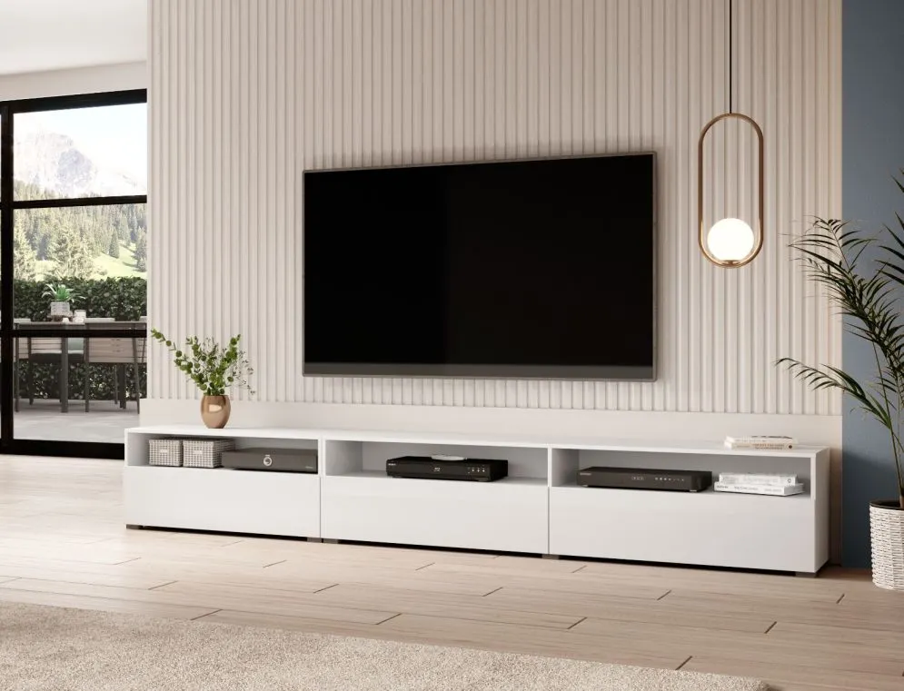 Szafka RTV BAROS 270 biała połysk stojąca/wisząca HELVETIA | MIRAT. styl GLAMOUR kolekcja BAROS