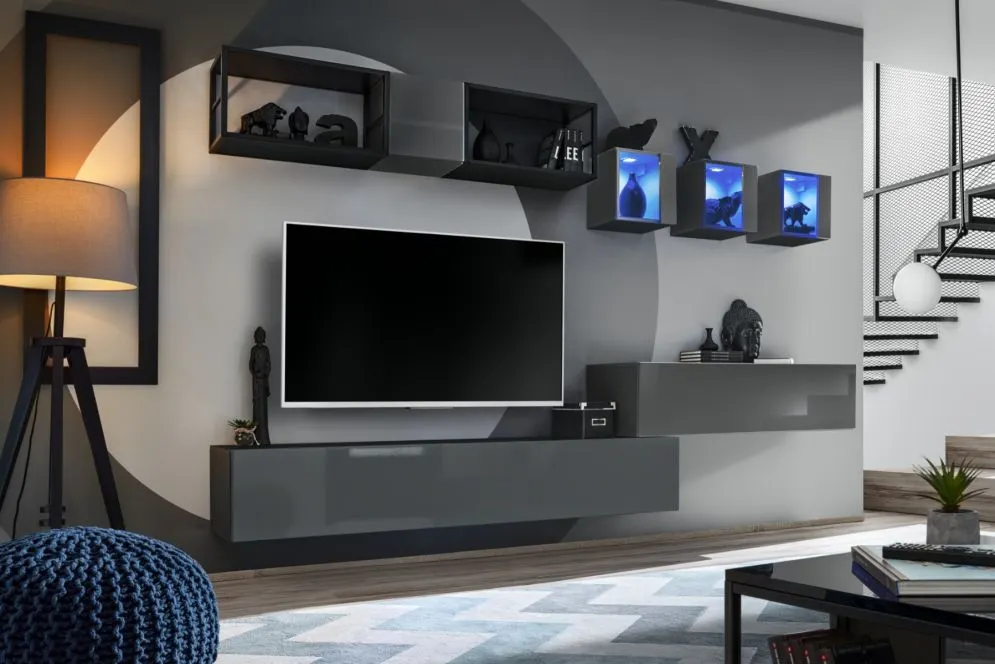 Meblościanka SWITCH MET III grafit połysk z metalowymi regałami | MIRAT.  kolekcja SWITCH MET