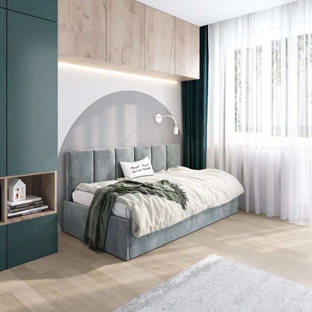 Łóżko młodzieżowe SORA 90x200 szare z tapicerowanym oparciem i pojemnikiem na pościel I sklep meblowy MIRAT.