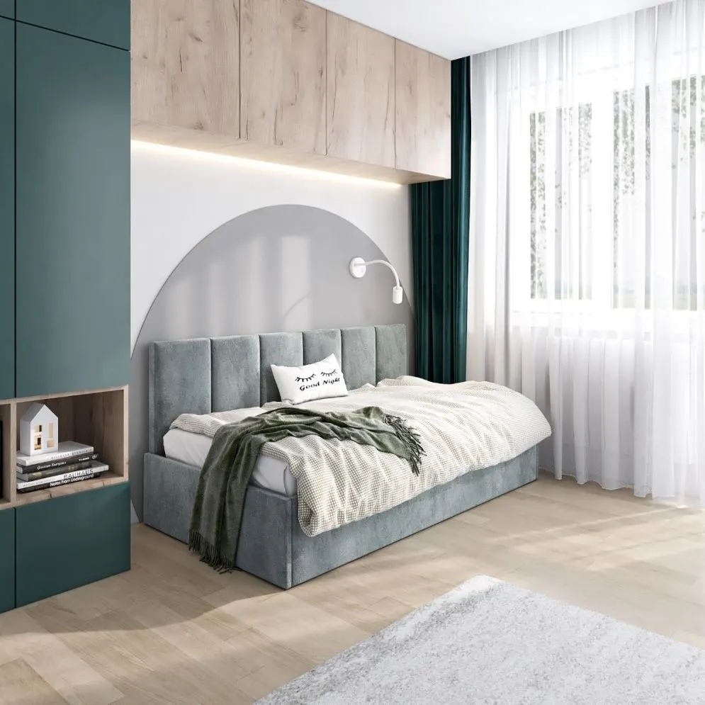 Łóżko młodzieżowe SORA 120x200 szare z oparciem i pojemnikiem I MIRAT.