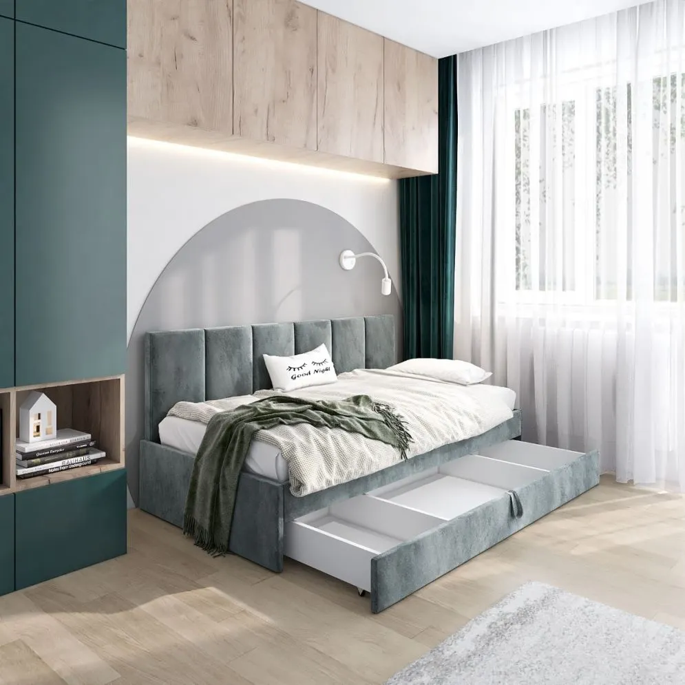 Łóżko młodzieżowe SORA 2 120x200 szare z panelem i szufladą I MIRAT.