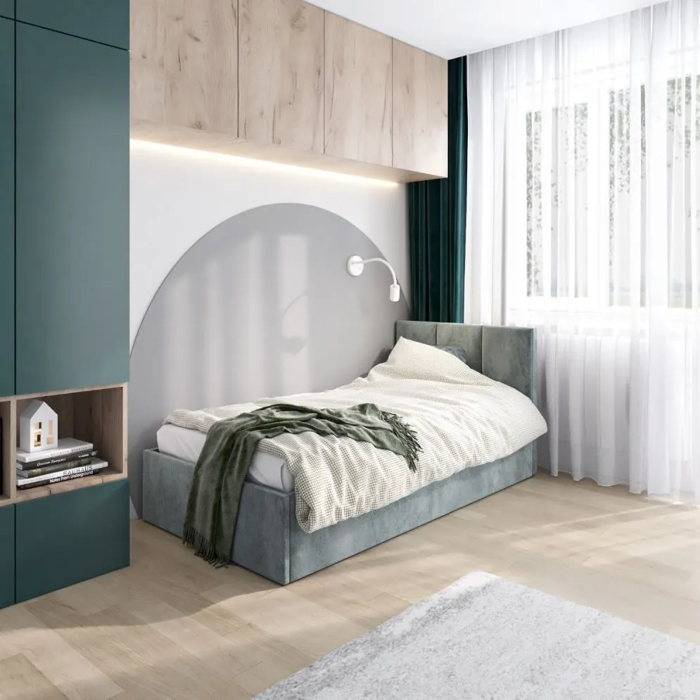 Łóżko młodzieżowe VIVO 90x200 jasne szare z tapicerowanym panelem i pojemnikiem na pościel I sklep meblowy MIRAT.