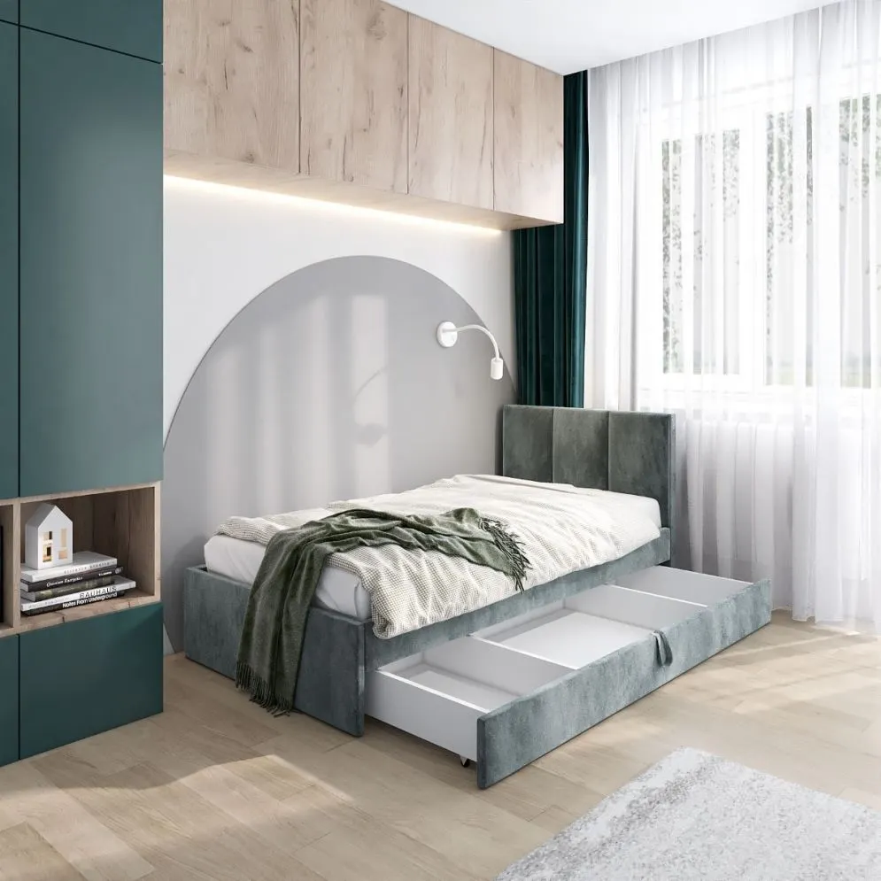 Łóżko młodzieżowe VIVO 2 90x200 szare z tapicerowanym oparciem i szufladą I sklep meblowy MIRAT.