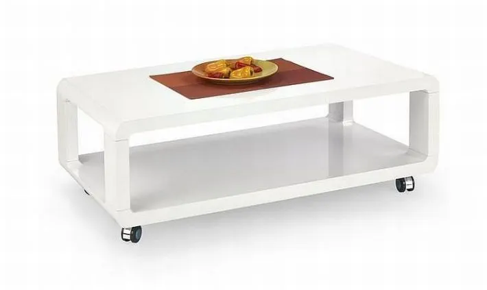 Biała lakierowana ława z półką na kółkach FUTURA