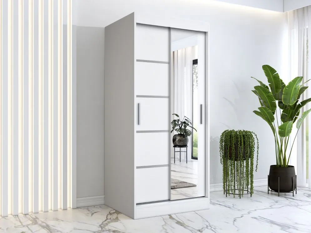 Szafa przesuwna MODUO COMFORT 2 90 biała mat z lustrem po prawej i listwami | MIRAT. w stylu SKANDYNAWSKI kolekcja MODUO COMFORT