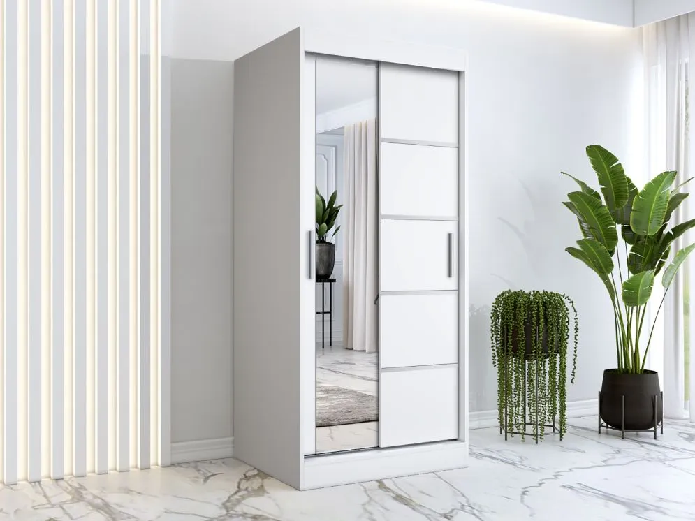 Szafa przesuwna MODUO COMFORT 3 90 biała mat z lustrem po lewej i listwami | MIRAT. w stylu SKANDYNAWSKI kolekcja MODUO COMFORT