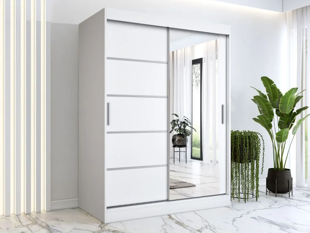 Szafa przesuwna MODUO COMFORT 2 150 biała mat z lustrem po prawej i listwami | MIRAT. w stylu  kolekcja MODUO COMFORT