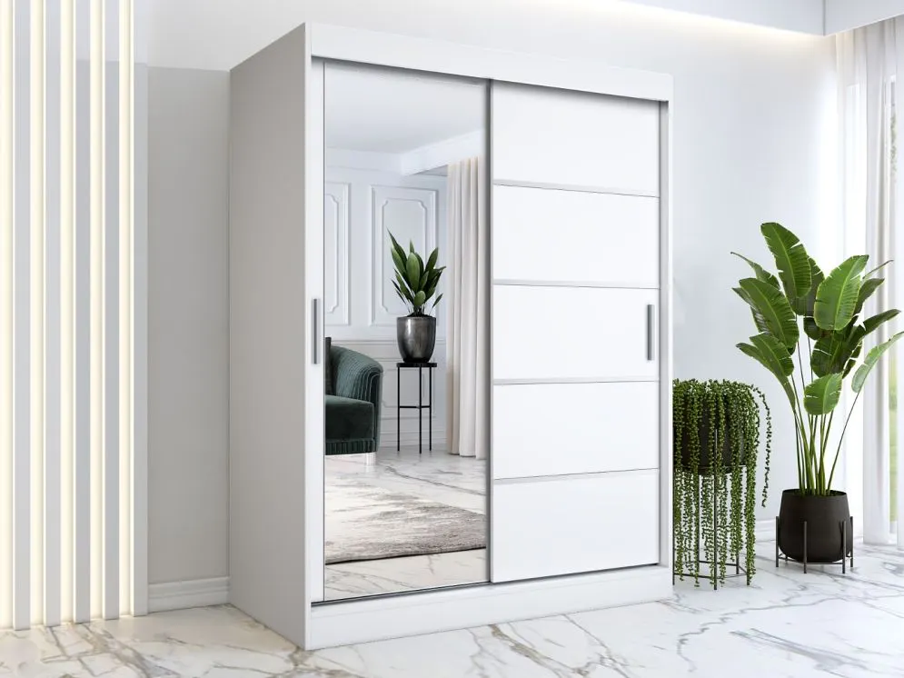 Szafa przesuwna MODUO COMFORT 3 150 biała mat z lustrem po lewej i listwami | MIRAT. kolekcja MODUO COMFORT