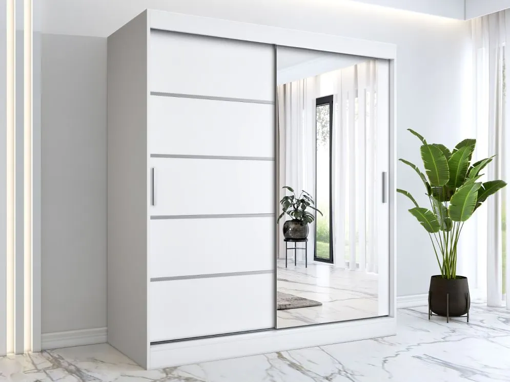 Szafa przesuwna MODUO COMFORT 2 180 biała mat z lustrem po prawej i listwami | MIRAT.  kolekcja MODUO COMFORT