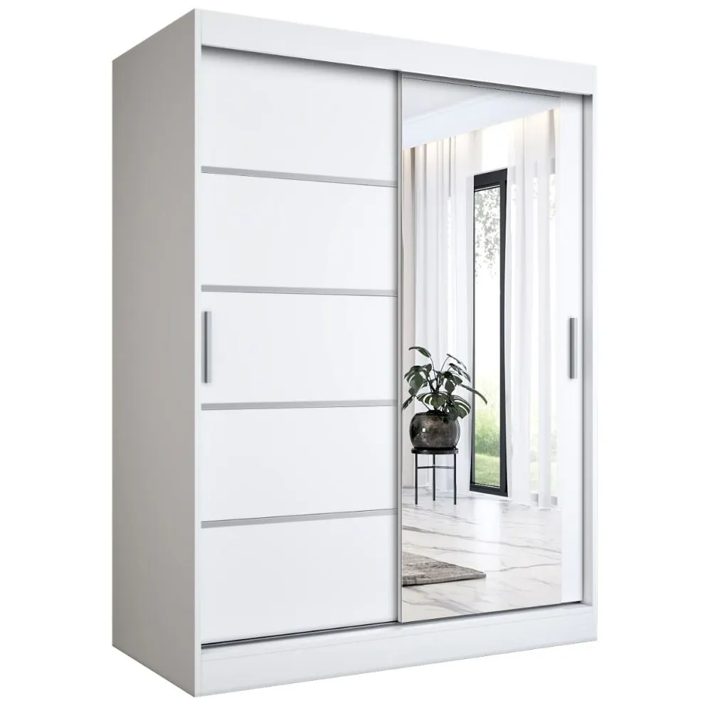 Szafa przesuwna MODUO COMFORT 2 150 biała mat z lustrem po prawej i listwami | MIRAT. w stylu  kolekcja MODUO COMFORT