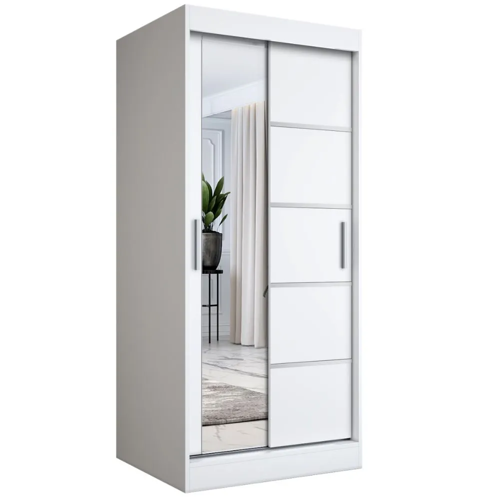 Szafa przesuwna MODUO COMFORT 3 90 biała mat z lustrem po lewej i listwami | MIRAT. w stylu SKANDYNAWSKI kolekcja MODUO COMFORT