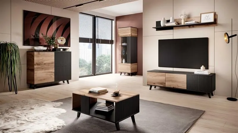 Półka RANDOM P-1 dąb/czarna do salonu wisząca | MIRAT. w stylu LOFT kolekcja RANDOM