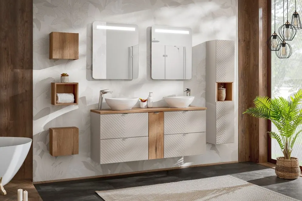 Szafka pod umywalkę nablatową VIVA CASHMERE 2S 60cmx2 kaszmirowy mat - zestaw 140cm z regałem I sklep meblowy MIRAT. styl GLAMOUR, RYFLOWANY