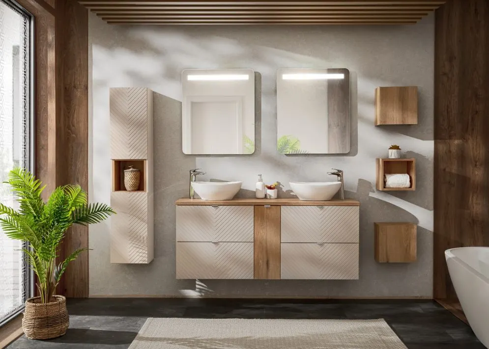 Szafka pod umywalkę nablatową VIVA CASHMERE 2D 60cmx2 kaszmirowy mat - zestaw 140cm z regałem I sklep meblowy MIRAT. styl GLAMOUR, RYFLOWANY kolekcja VIVA