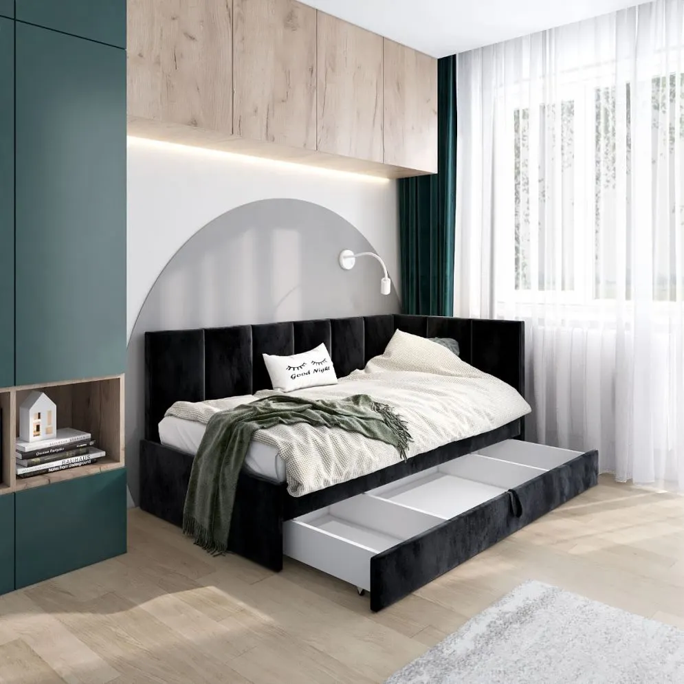 Łóżko młodzieżowe AURA 2 120x200 czarne z tapicerowanym zagłówkiem i szufladą I sklep meblowy MIRAT.