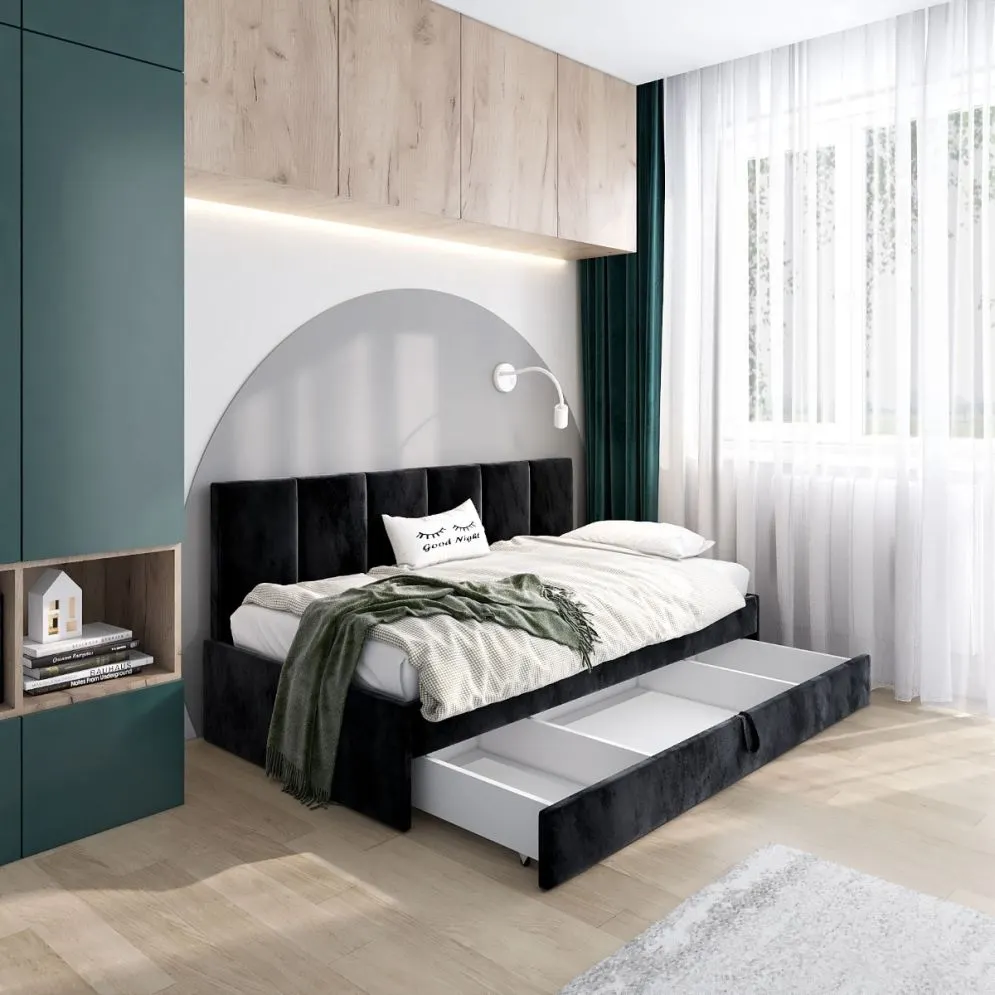 Łóżko młodzieżowe SORA 2 90x200 czarne z tapicerowanym panelem i wysuwaną szufladą I sklep meblowy MIRAT.