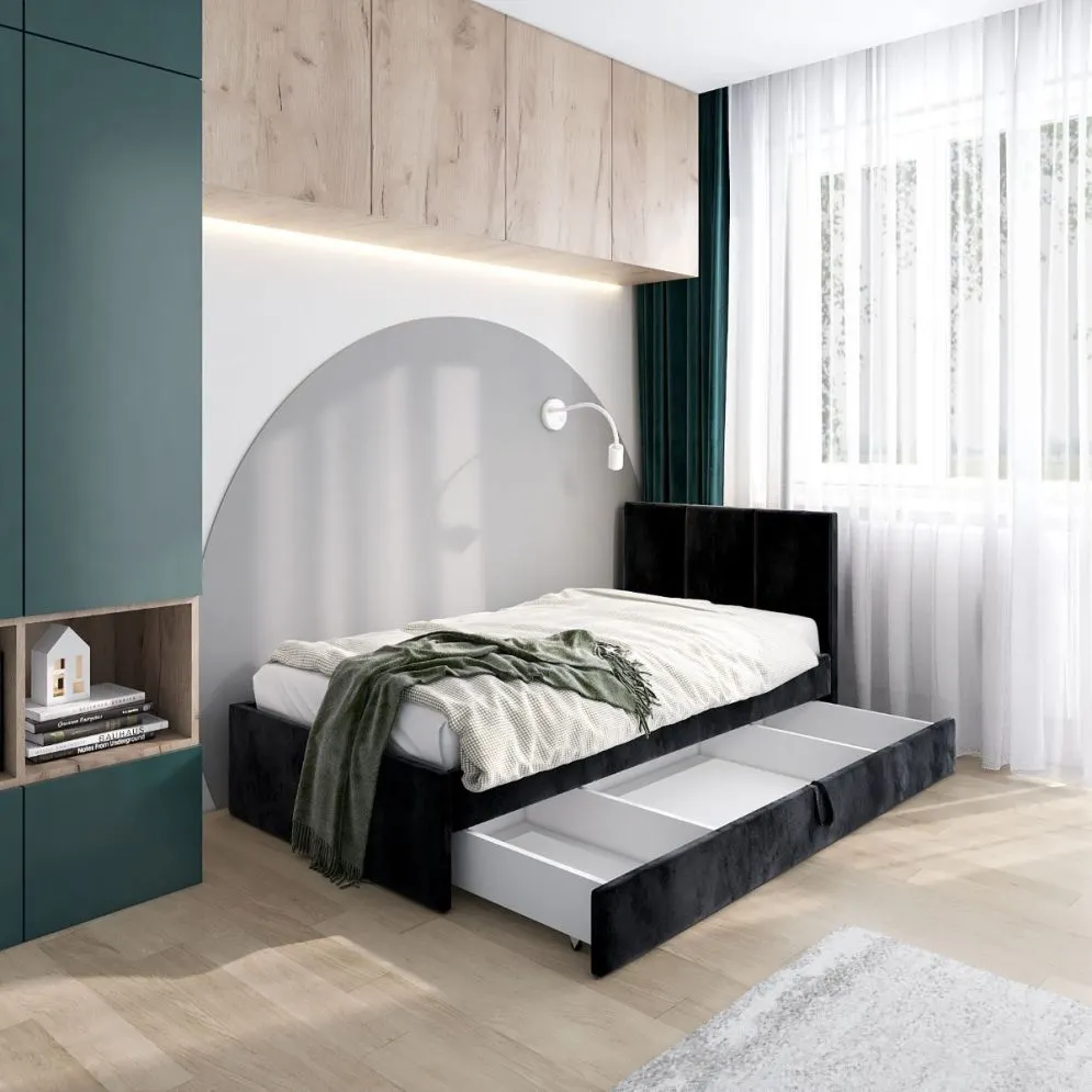 Łóżko młodzieżowe VIVO 2 90x200 czarne z tapicerowanym panelem i wysuwaną szufladą I sklep meblowy MIRAT.