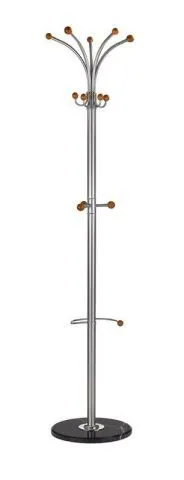 Nowoczesny srebrny wieszak stojący do przedpokoju z elementami drewnianymi W46