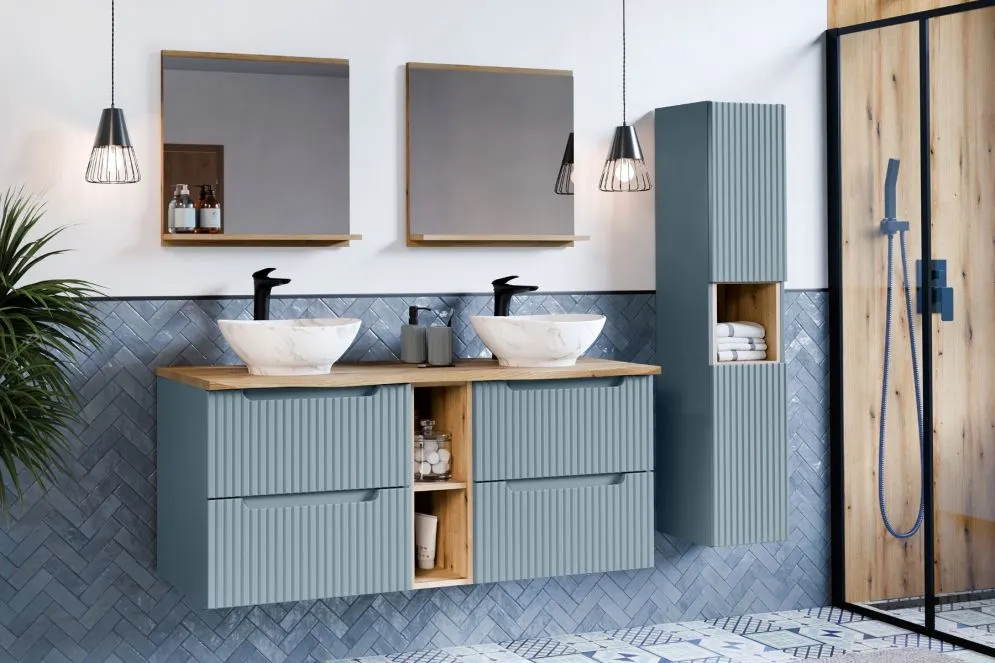 Szafka pod umywalkę nablatową NOVA DENIM 140cm niebieska/dąb - zestaw meblowy z blatem I sklep meblowy MIRAT. styl RYFLOWANY kolekcja NOVA
