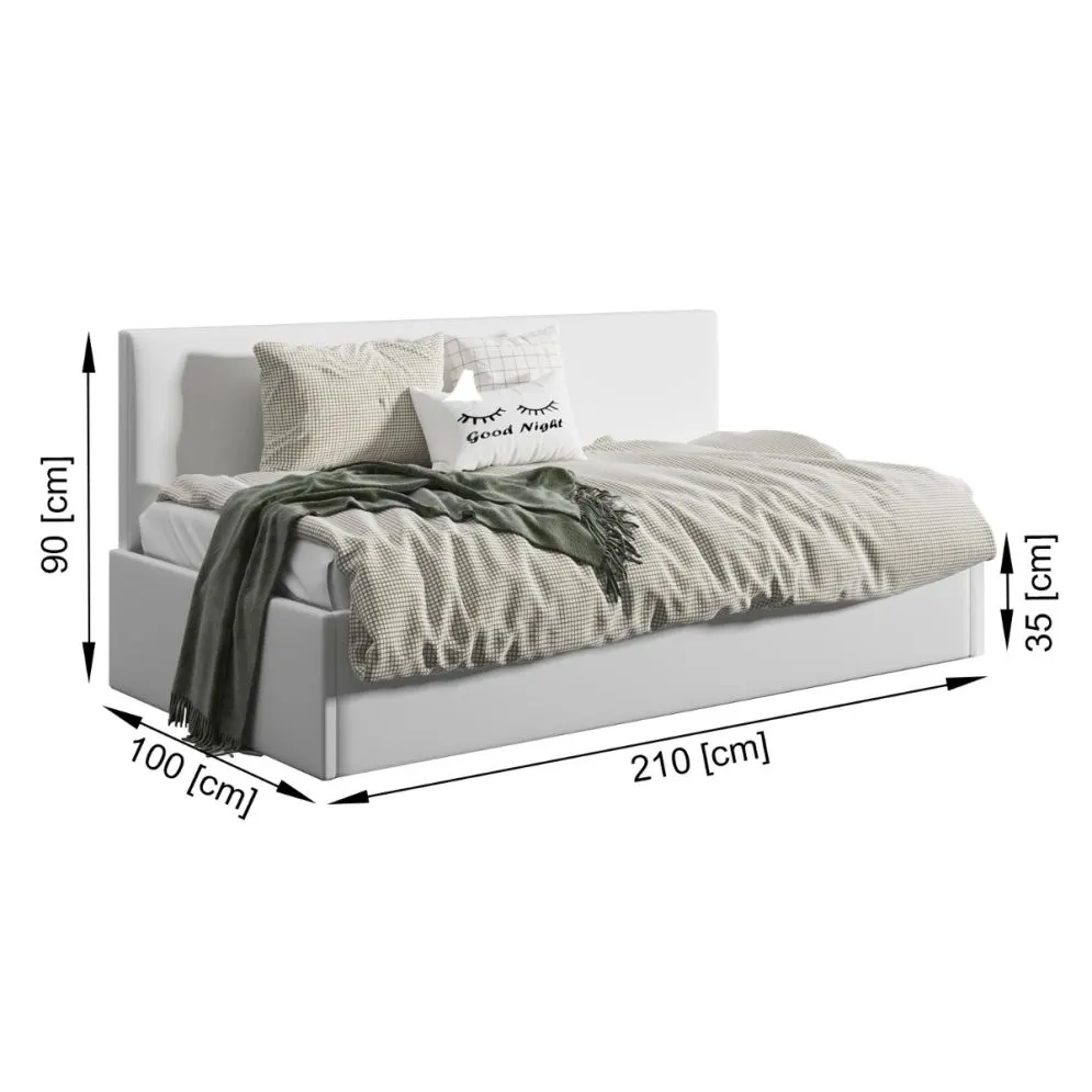 Łóżko młodzieżowe SORA 90x200 curry z tapicerowanym oparciem i pojemnikiem na pościel I sklep meblowy MIRAT.