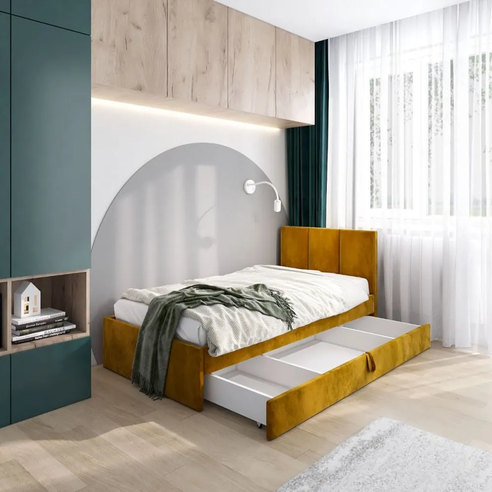 Łóżko młodzieżowe VIVO 2 120x200 curry ze szufladą na pościel I sklep meblowy MIRAT.