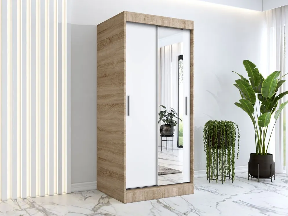 Szafa przesuwna MODUO COMFORT 90 dąb sonoma/biała mat z jednym lustrem | MIRAT. w stylu  kolekcja MODUO COMFORT