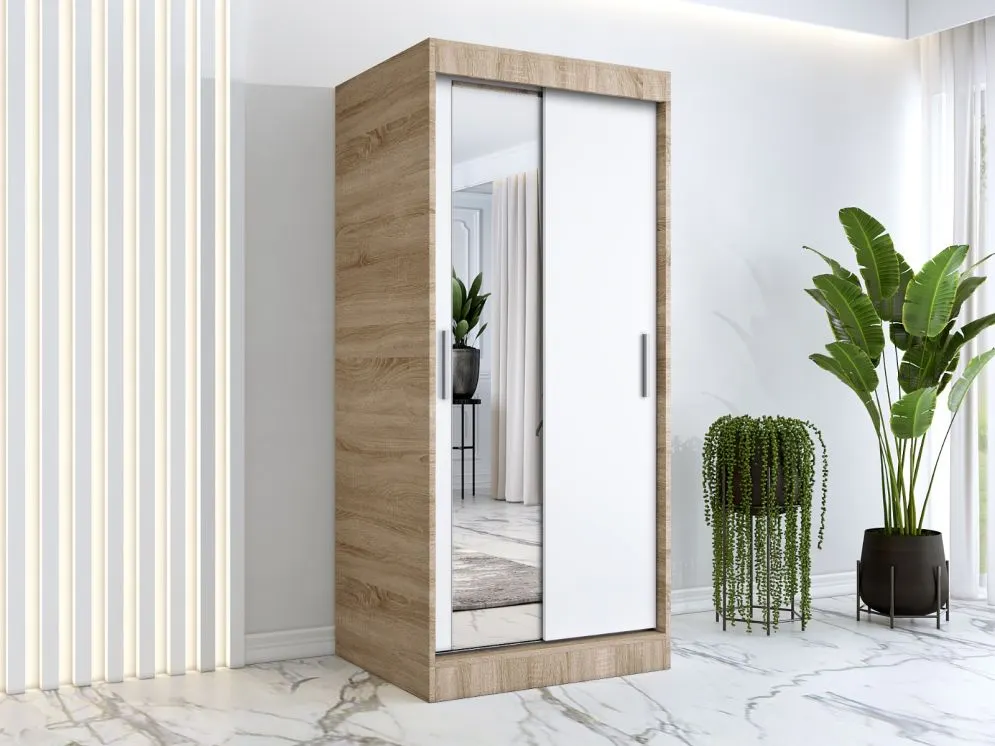 Szafa przesuwna MODUO COMFORT 120 dąb sonoma/biała mat z jednym lustrem do sypialni | MIRAT. w stylu  kolekcja MODUO COMFORT