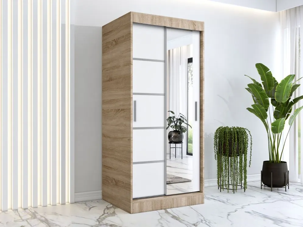 Szafa przesuwna MODUO COMFORT 2 90 dąb sonoma/biała mat z jednym lustrem | MIRAT. w stylu  kolekcja MODUO COMFORT