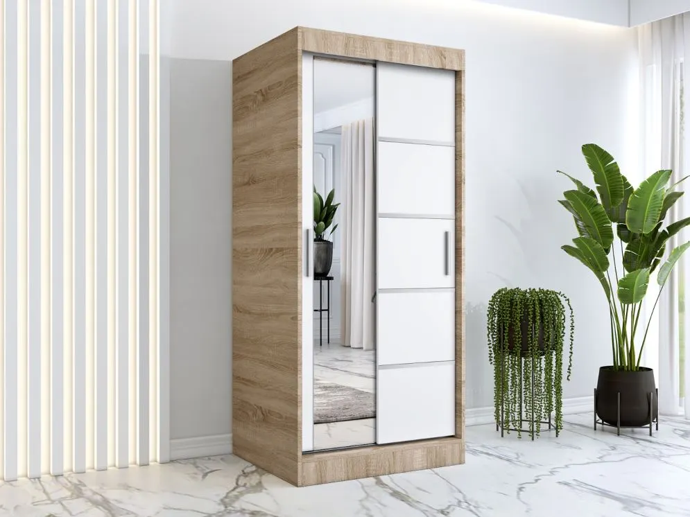 Szafa przesuwna MODUO COMFORT 3 90 dąb sonoma/biała mat z jednym lustrem | MIRAT. w stylu kolekcja MODUO COMFORT