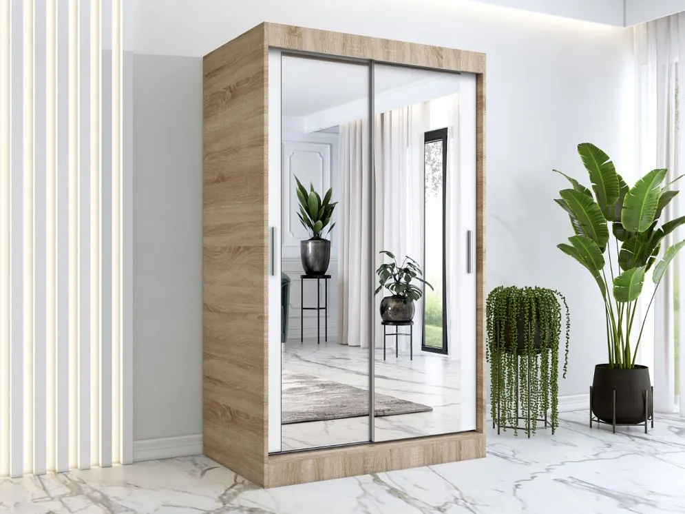Szafa przesuwna MODUO COMFORT 120 dąb sonoma/biała mat z dwoma lustrami do sypialni | MIRAT. w stylu  kolekcja MODUO COMFORT