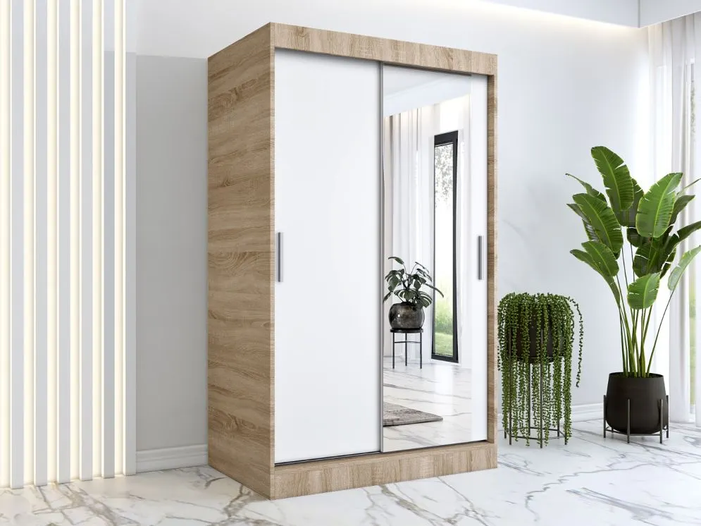 Szafa przesuwna MODUO COMFORT 120 dąb sonoma/biała mat z jednym lustrem | MIRAT. w stylu  kolekcja MODUO COMFORT
