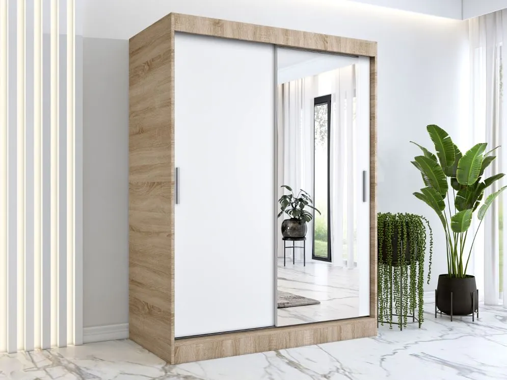 Szafa przesuwna MODUO COMFORT 150 dąb sonoma/biała mat z jednym lustrem | MIRAT. w stylu kolekcja MODUO COMFORT