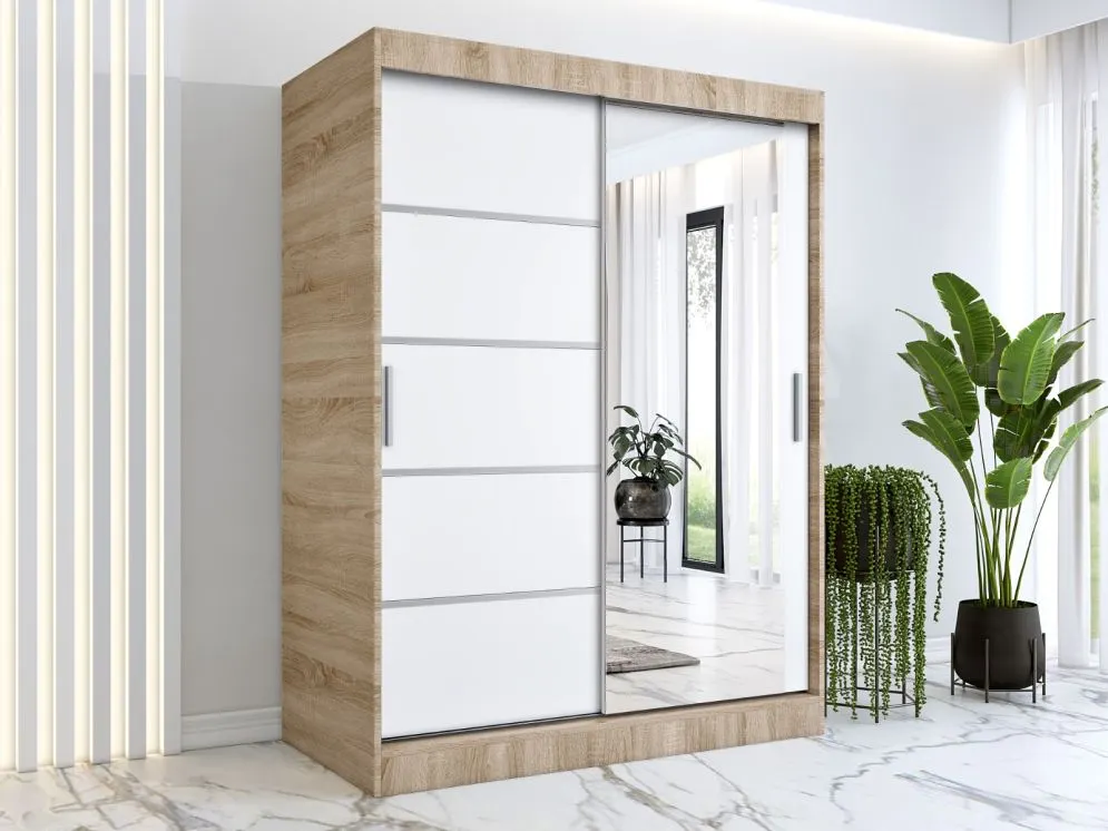 Szafa przesuwna MODUO COMFORT 2 150 dąb sonoma/biała mat z jednym lustrem | MIRAT.  kolekcja MODUO COMFORT