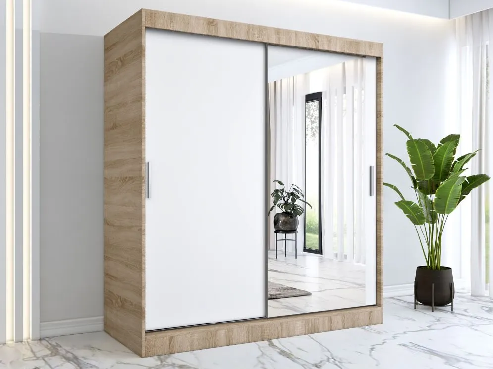 Szafa przesuwna MODUO COMFORT 180 dąb sonoma/biała mat z jednym lustrem | MIRAT.  kolekcja MODUO COMFORT