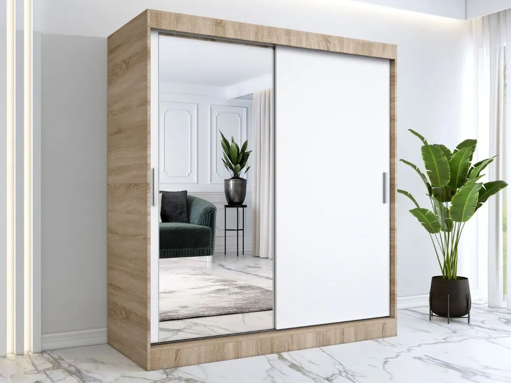 Szafa przesuwna MODUO COMFORT 180 dąb sonoma/biała mat z jednym lustrem do sypialni | MIRAT.  kolekcja MODUO COMFORT