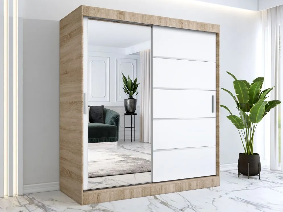 Szafa przesuwna MODUO COMFORT 3 180 dąb sonoma/biała mat z jednym lustrem | MIRAT.  kolekcja MODUO COMFORT