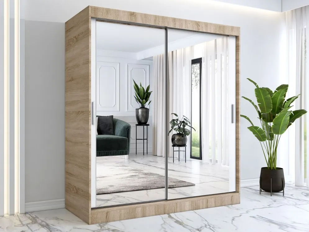 Szafa przesuwna MODUO COMFORT 180 dąb sonoma/biała mat z dwoma lustrami do sypialni | MIRAT. kolekcja MODUO COMFORT