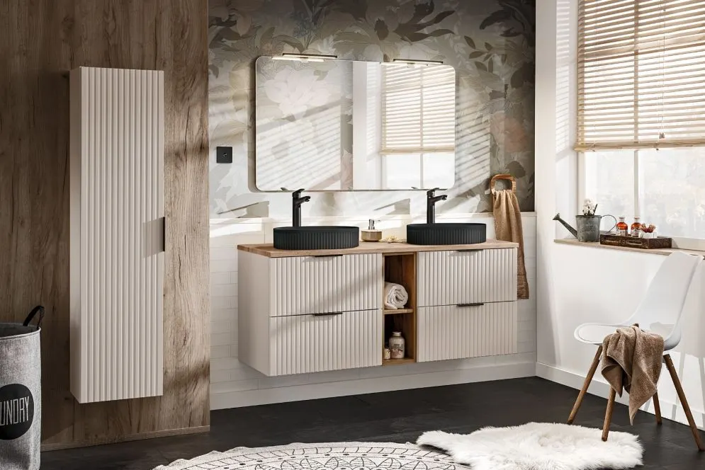 Szafka pod umywalkę nablatową ADEL CASHMERE 60cmx2 kaszmirowa - zestaw 140 cm z regałem i blatem z szufladami I sklep meblowy MIRAT. styl RYFLOWANY