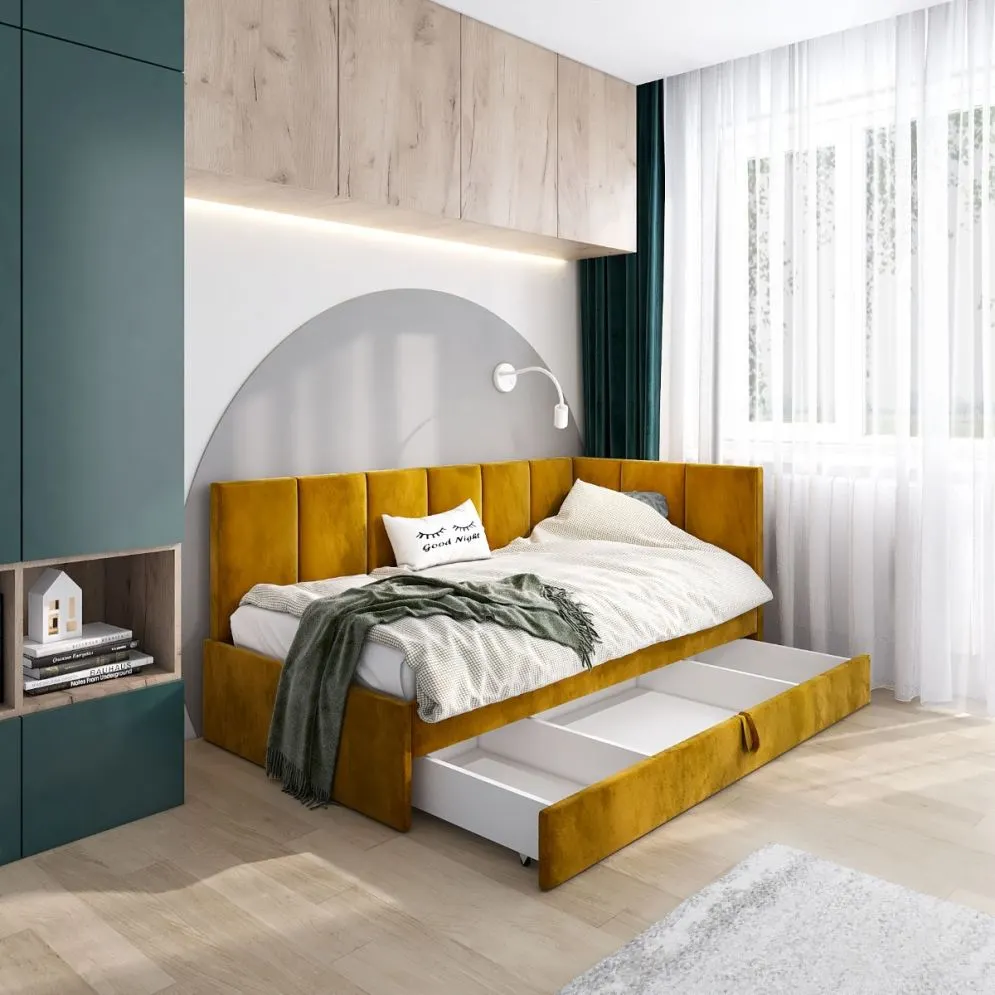 Łóżko młodzieżowe AURA 2 90x200 curry z tapicerką welurową I sklep meblowy MIRAT.