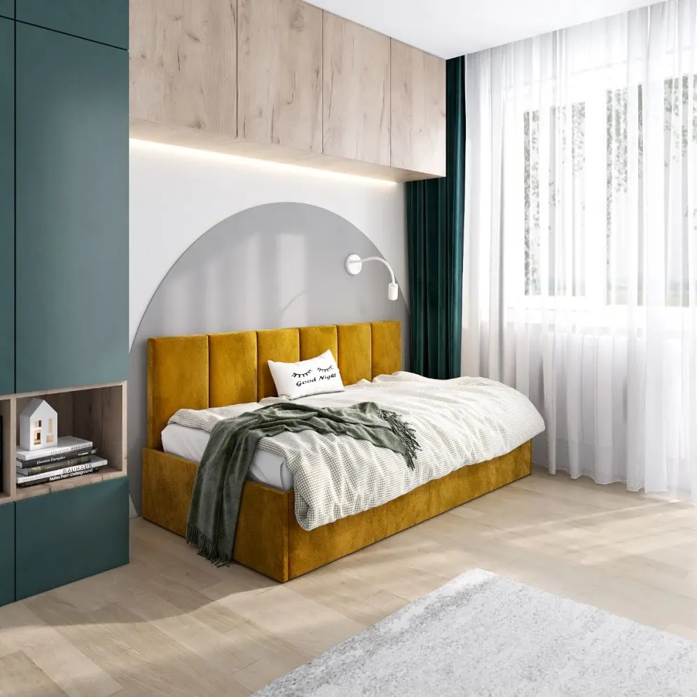 Łóżko młodzieżowe SORA 120x200 curry ze skrzynią na pościel I sklep meblowy MIRAT.