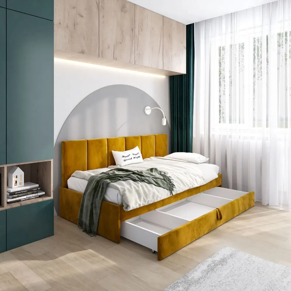 Łóżko młodzieżowe SORA 2 100x200 curry z tapicerowanym oparciem i szufladą I sklep meblowy MIRAT.