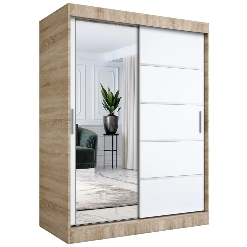 Szafa przesuwna MODUO COMFORT 3 150 dąb sonoma/biała mat z jednym lustrem | MIRAT.  kolekcja MODUO COMFORT