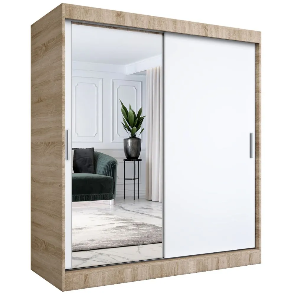 Szafa przesuwna MODUO COMFORT 180 dąb sonoma/biała mat z jednym lustrem do sypialni | MIRAT.  kolekcja MODUO COMFORT
