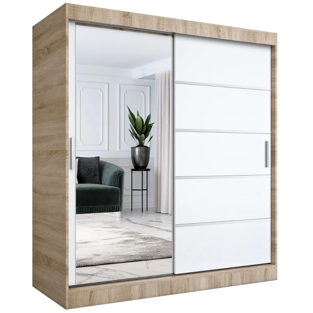 Szafa przesuwna MODUO COMFORT 3 180 dąb sonoma/biała mat z jednym lustrem | MIRAT.  kolekcja MODUO COMFORT