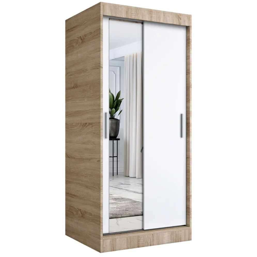 Szafa przesuwna MODUO COMFORT 90 dąb sonoma/biała mat z jednym lustrem do sypialni | MIRAT. w stylu  kolekcja MODUO COMFORT