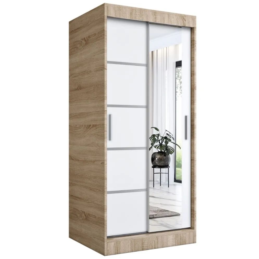 Szafa przesuwna MODUO COMFORT 2 90 dąb sonoma/biała mat z jednym lustrem | MIRAT. w stylu  kolekcja MODUO COMFORT