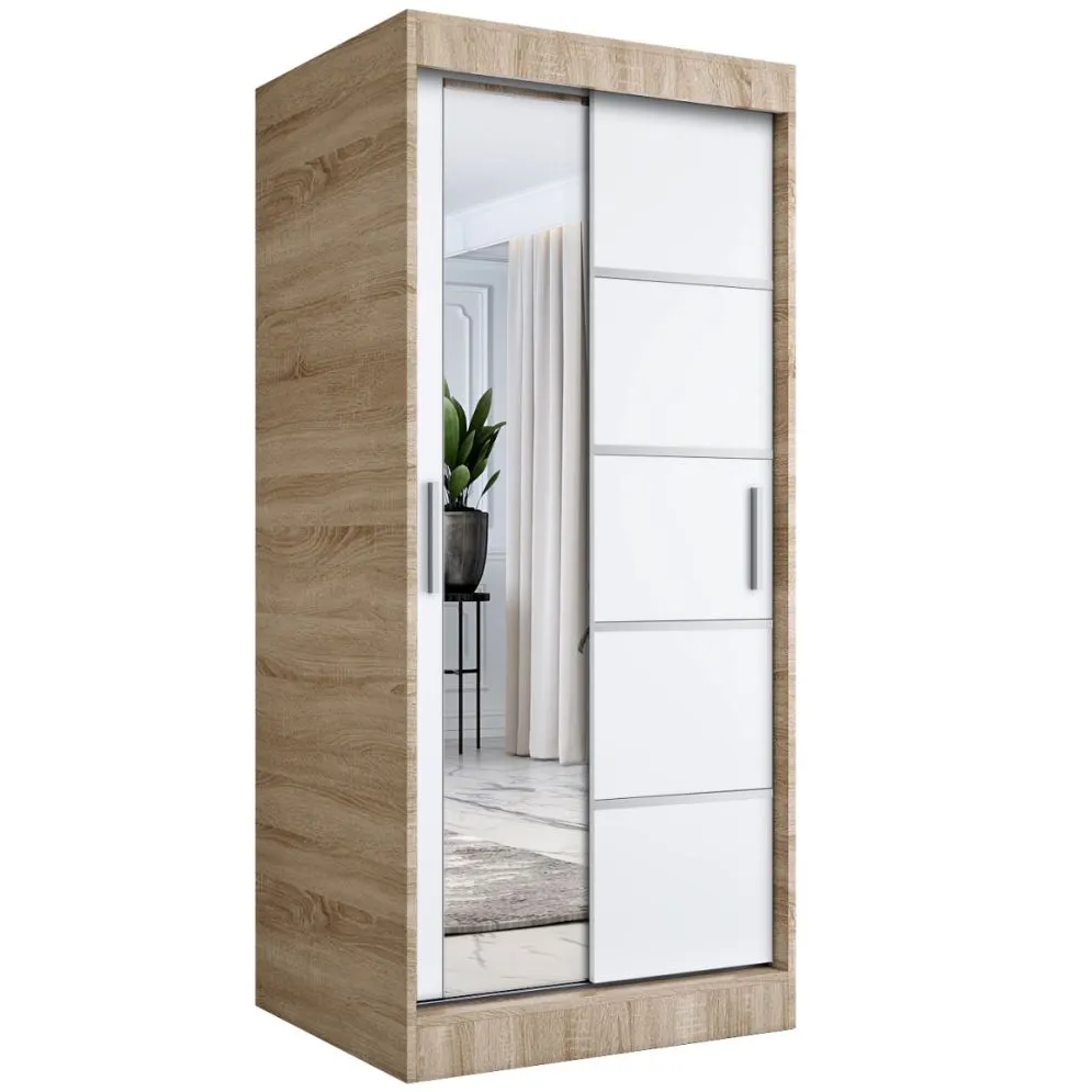 Szafa przesuwna MODUO COMFORT 3 90 dąb sonoma/biała mat z jednym lustrem | MIRAT. w stylu kolekcja MODUO COMFORT