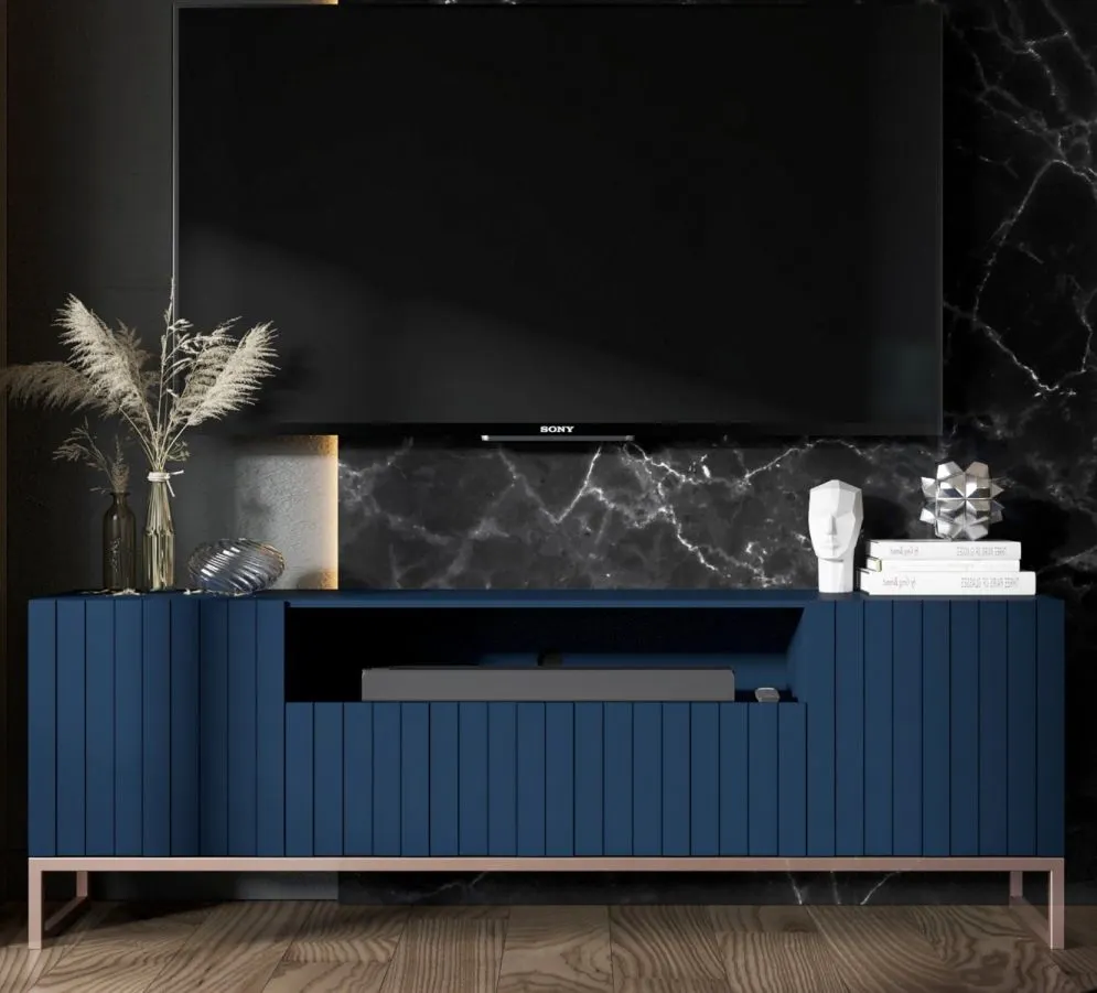 Szafka RTV TAL 2D1K 150cm granatowa mat stojąca I sklep meblowy MIRAT. styl GLAMOUR, LOFT, RYFLOWANY kolekcja TAL