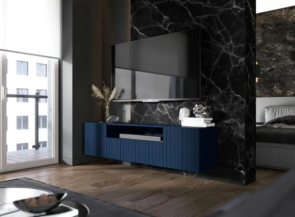 Szafka RTV TAL 2D1K 2 150cm wisząca granatowa mat do salonu I sklep meblowy MIRAT. styl GLAMOUR, LOFT, RYFLOWANY