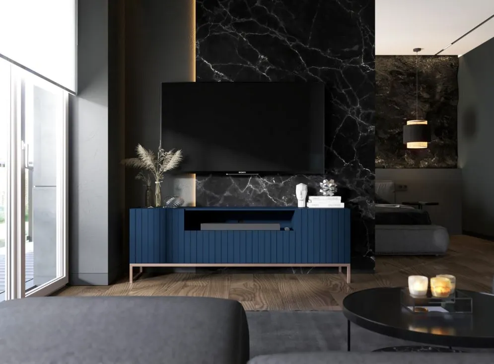 Szafka RTV TAL 2D1K 150cm granatowa mat stojąca I sklep meblowy MIRAT. styl GLAMOUR, LOFT, RYFLOWANY kolekcja TAL